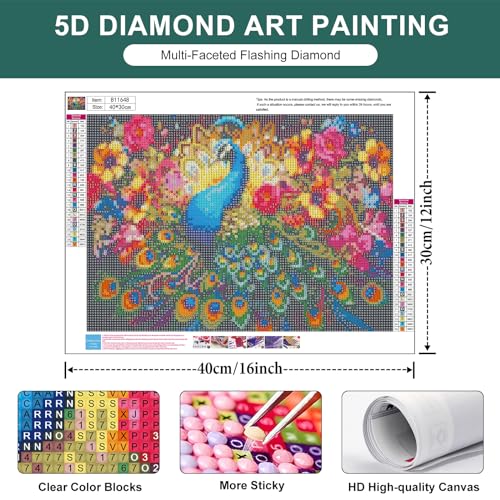 PRASIO Peacock Diamond Art Kits for Adults Beginners, Peacock Diamond Painting Kits for Adults, DIY 5D Round Full Drill Diamond Dots Gem Art for Adults for Gift Home Decor 12x16 inch - color: XM-DP-PeacockFlower-4030
