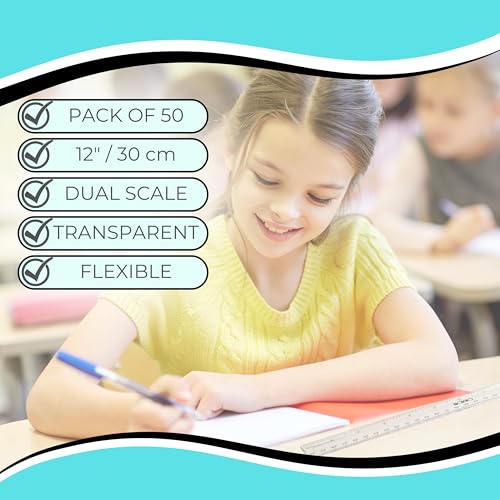 Clear Plastic Ruler 12 Inch, 50-Pack, Rulers Bulk for Classroom | School rulers with metric and imperial markings for students and teachers; clear design keeps lines and measurements visible