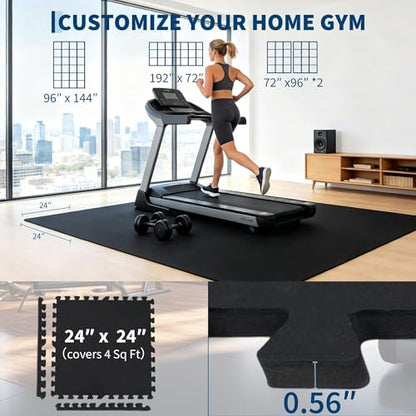 Garvee Exercise Equipment Mats 0.56" Thick 96 Sq ft Gym Flooring – 12 Tiles (24" x 24") Rubber Top with High Density EVA Foam, Interlocking Puzzle Workout Mats for Home Gym Exercise– Black