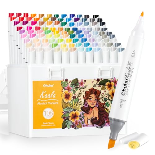 Ohuhu Alcohol Markers 108 Colors Fine& Slim Broad for Architectural Design | Dual Tips Alcohol-based Refillable Art Markers for Artists Adults Coloring Drawing Illustration, Kaala - color: 108 Vibrant Colors + 1 Colorless Blender