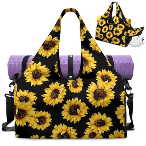 Sunflower Gym Bag for Women Hygienic Yoga Mat Bags with Shoe Compartment Sports Duffel Bags Waterproof, Double Zipper Shoulder Bag for Ballet Class Sport - color: Sunflower