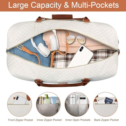 ITIEZY Weekender Bag for Women 21.5" Travel Duffel Large Carry On Bag 3PCS | Nylon Duffel Bag with Waterproof Shoe Compartment, Crossbody Bag and Toiletry Bag, Travel Weekend Hospital Overnight Gym Bag - color: 1-Beige