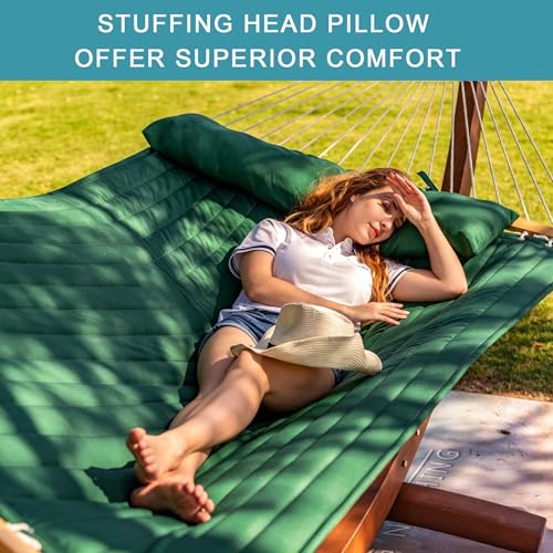 Lazy Daze 12 FT Double Quilted Hammock with Spreader Bar for Outside, Green | 2 Person Heavy Duty Hammock with Detachable Pillow and Carabiners for Outdoor Backyard Poolside, 450lbs Weight Capacity - color: Dark Green