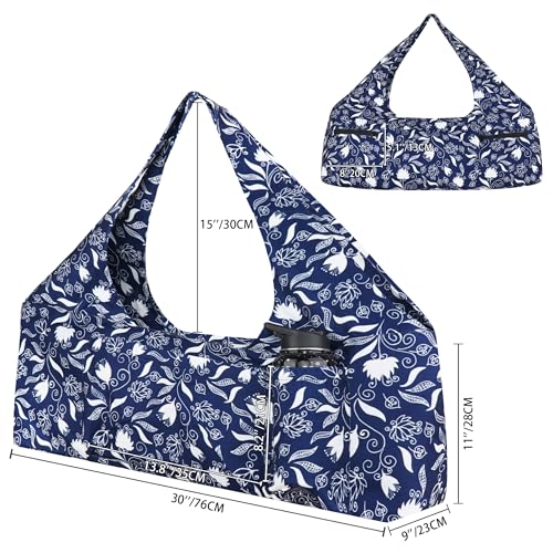 Large Yoga Mat Bag Yoga Bags and Carriers Fits All You Stuff Yoga Tote Bag with Yoga Mat Strap, Elastic Pockets and Zipper Pockets - color: dark blue white