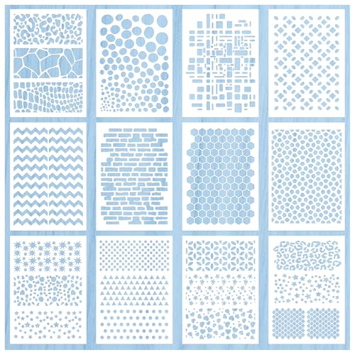 Geometric Stencils for Painting 12 Sheets 21x29cm PET Templates – Reusable Geometric and Pattern Designs for Journals, Scrapbooking, Canvas Art, Card Making and DIY Crafts - style: JS-Shape