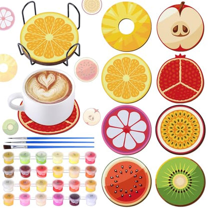 Reallnaive 8 Pcs Fruit Paint by Numbers Kit for Adults Wooden Coasters | Mini Paint by Numbers, Tiny Round Oil Painting Drink Coaster with Holder, for Small DIY Craft Birthday Gift - style: Fruit
