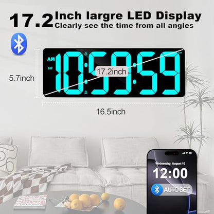 TXL 17.2" Bluetooth Digital Wall Clock with Seconds, Large Countdown Timer for Classroom Home Gym Kitchen Office, Alarm Clock with Remote Control, 4 Dimmable Brightness, Auto DST (Ice Blue) - color: Ice Blue