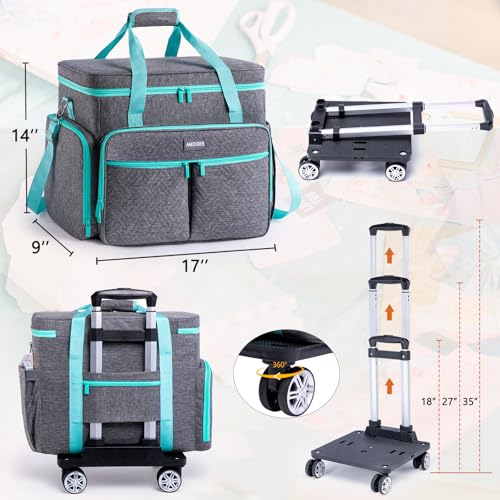 AMOIGEE Rolling Tote Bag with Wheels and Handle, Sewing Machine Case, Craft Organizer Tote for Scrapbooking Storage, Teacher Rolling Bag, Craft Supply Storage, Art Bag, Rolling Cart for Teachers - color: Grey - Teal, size: With Wheels
