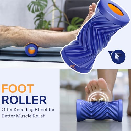 Sportneer 4 in 1 Pilates Foam Roller Muscle Relax Kit | with 2 Textured Foam Rollers Stringed Exercise Ball, Lacrosse Ball for Muscle Shoulder Back Leg Whole Body Relax Fitness Yoga - color: Blue