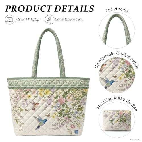 Quilted Tote Bag 2 Pack, Women's Tote Handbags for Work Travel - color: Mint Hummingbird Bronze
