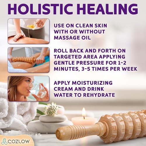 COZLOW Wooden Massage Roller Stick (12 Rollers) - Curved Wood Therapy Massage Tool for Body Sculpting, Fascia Release & Lymphatic Drainage - Maderotherapy Helps Reduce Cellulite Appearance