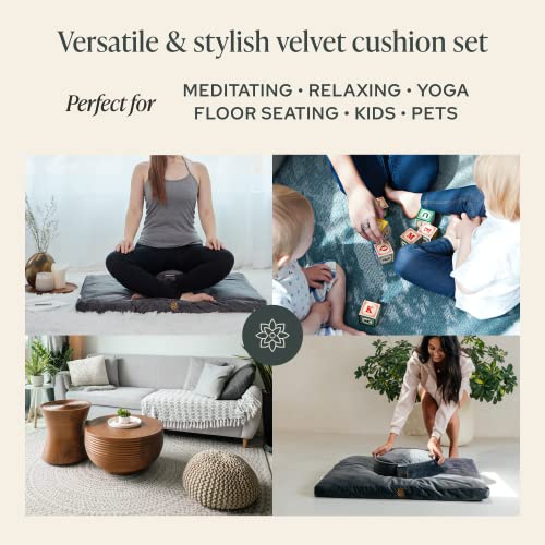 Mindful Modern Meditation Cushion and Zabuton Meditation Mat Bundle - Premium Luxury Velvet Meditation Cushion Set for Yoga - Buckwheat Zafu Floor Pillow and Rectangular Mat - Graphite Grey Color