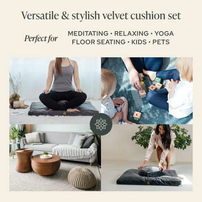 Mindful Modern Meditation Cushion and Zabuton Meditation Mat Bundle - Premium Luxury Velvet Meditation Cushion Set for Yoga - Buckwheat Zafu Floor Pillow and Rectangular Mat - Graphite Grey Color