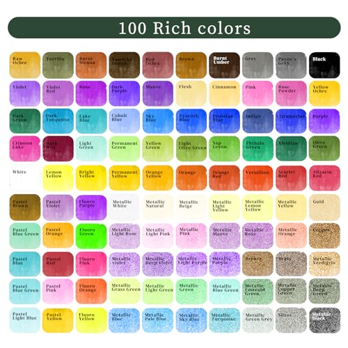 Artecho 100 Colors Watercolor Paint Set with Metallics, Portable Tin Case | 51 Classic, 35 Metallic, 4 Fluorescent & 10 Macaron/Candy Colors; Watercolor Paper and Brushes for On-the-Go Painting - style: 100 Colors