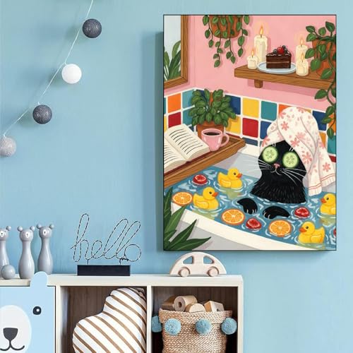 Black Cat Diamond Art Kits for Adults Diamond Painting Kit for Beginner | Bathroom Animal 5D Funny DIY Diamond Dots Full Drill Crafts for Gem Art Dot Art for Adults Home Wall Decor for Teens 12x16 in - color: DP03185