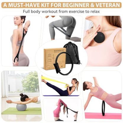 HASHMUST Pilates Ring Kit 12 PCS for Women, Home Workout Equipment with Magic Circle, Mini Exercise Ball, Resistance Bands, Massage Lacrosse, Yoga Strap, Full-Body Fitness Set for Toning & Gift - color: Black