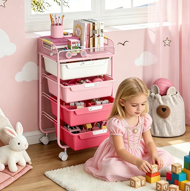 SYKIARIOL 4-Drawer Rolling Storage Cart with Mesh Top, Rose Pink | Utility Craft Organizer Cart on Wheels with DIY Labels, Rolling Drawer Cart for Home Office Classroom Bedroom - color: Gradient Pink