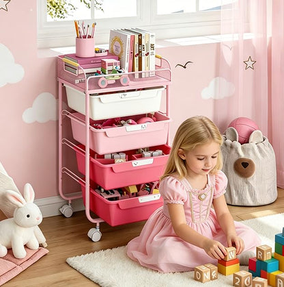 SYKIARIOL 4-Drawer Rolling Storage Cart with Mesh Top, Rose Pink | Utility Craft Organizer Cart on Wheels with DIY Labels, Rolling Drawer Cart for Home Office Classroom Bedroom - color: Gradient Pink