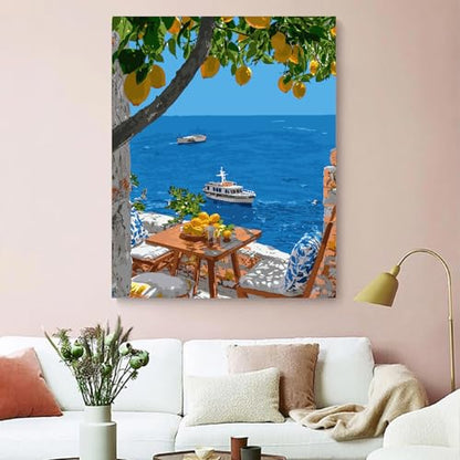 ZRIZQ Paint by Numbers Kit for Adults Beginner,Lemon Tree Sea,16x20 | Full set with wooden brushes,rolled canvas,rich paints.Calming activity.Beginner friendly.Just open and paint. - color: 16"X20"Rolled Canvas(Frameless)-Landscape 3