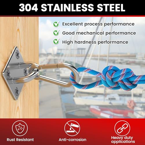 sprookber 304 Stainless Steel Pad Eye Snap Hook, M6 Ceiling Hook 800Lb,8Pcs | Hanging Kit with Screws for Hammock Chair Swing, Yoga Gym Equipment, Sun Shade Sail, Plant Hangers & Marine Boat Hardware - size: 2.3 inch, style: Square
