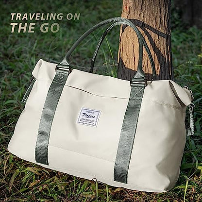 Travel Duffel Bags for Women Mens Waterproof Weekender Carry on Bag Sports Gym Bag Travel Tote Bags with Wet Pocket Overnight Bag Workout Duffel Bags with Trolley Sleeve Beige with Green - color: F9-Beige Green