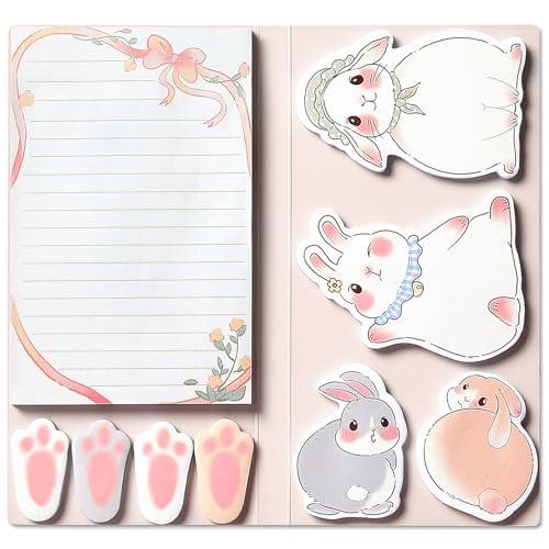 Hommie Cute Sticky Notes Set, Sticky Notes Set Planner Dividers, Easter Bunny Self-Stick Memo Pads with Animal Divider Tabs, Bundle Writing Designs for Office, School, Easter Party Supplies - color: Rabbit(pink Background)