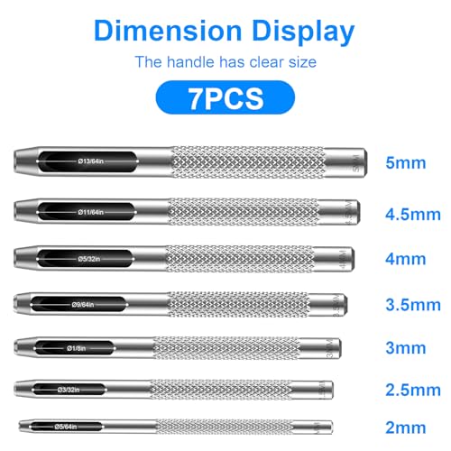 7PCS Hollow Leather Hole Punch Set, Maugruy 2–5mm Round Punch Hole Tool | Metal Round Punching Hole Tool, 5/64–13/64in with Anti-Slip Grip for Belts, Watch Bands, Paper, Plastics, DIY, Repair Tools
