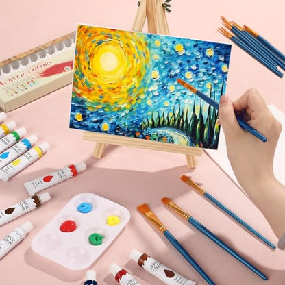 ESRICH 26 PCS Acrylic Paint Set with 12 Colors Acrylic Paints | 10 Paint Brushes, 2 Canvas, 1 Wood Easel, 1 Plate, Painting Supplies Kits for Kids, Adults, Artists and Beginners - color: 12 Color
