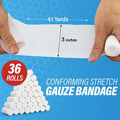Gauze Rolls –36 Rolls- Premium First Aid Supplies for Safe Adventuring–Flexible, Stretchable, Breathable Gauze Bandage Rolls – 3” x 4.1 Yards Bandage Wrap for Wound Dressing - size: 3" Pack of 36 Rolls