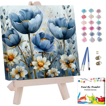 Artunion Framed Paint by Numbers Kit for Adults Beginners & Kids Ages 8-12,Blue Flower Paint by Number with Frame,Floral Paint by Numbers Kit on Canvas 10 * 10 Inch Without Easel - color: ZXT-238-F