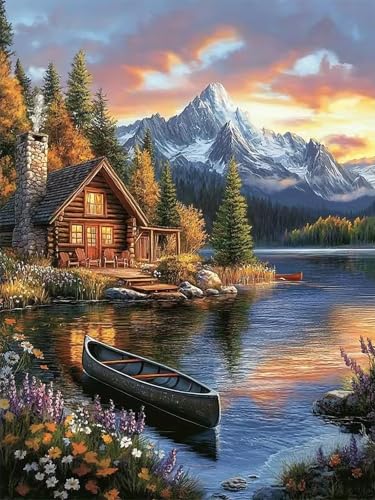 Diamond Art Kits for Adults, Landscape Diamond Art Painting Kits for Adults | Stress Relief Lake Cabin Full Round Drills 5D Heartfelt DIY Gift Gem Crafts Kits Wall Decor HD Canvas 11.8x15.7 in 30x40 cm - color: Lake Cabin