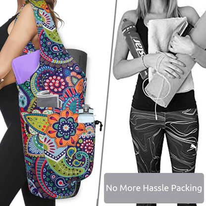 Yoga Mat Bag - Large Opening Long Tote Yoga Mat Carrier Holder Bag with Waterproof Wet Zipper Pocket and Drawstring Water Bottle Pocket - Yoga Bag Fit Most Size Mats - color: Paisley