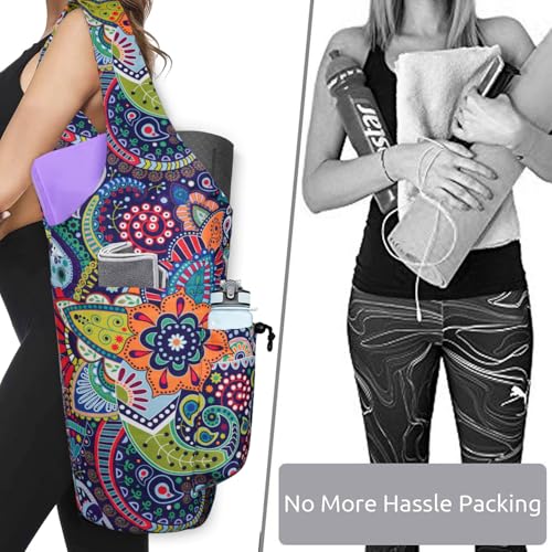 Yoga Mat Bag - Large Opening Long Tote Yoga Mat Carrier Holder Bag with Waterproof Wet Zipper Pocket and Drawstring Water Bottle Pocket - Yoga Bag Fit Most Size Mats - color: Paisley