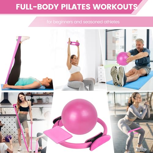 Pilates Ring and Ball Set Bulk, Pilates Equipment with 12 Inch Pilates Circle Rings, Small Yoga Balls, Resistance Bands, Pilate Essential Kit Bulk for Home Workouts Women, Pilates & Yoga Studio - color: Pink