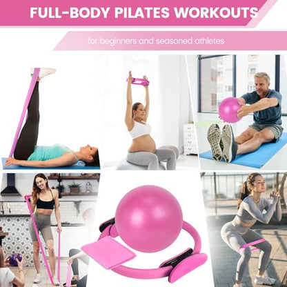Pilates Ring and Ball Set Bulk, Pilates Equipment with 12 Inch Pilates Circle Rings, Small Yoga Balls, Resistance Bands, Pilate Essential Kit Bulk for Home Workouts Women, Pilates & Yoga Studio - color: Pink