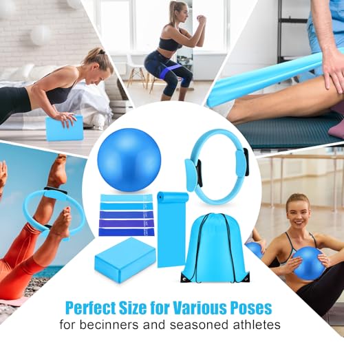 Silipull 10 Pcs Pilates Ring Blocks Set for Women Home Yoga Equipment Accessories Pilates Ring Circle and Ball Workouts Gift Include Ball Yoga Circle Resistance Bands Block Straps Gym Bag - color: Blue