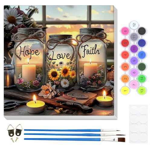 HEIBAGO Framed Paint by Numbers Kit for Adults, Paint by Numbers for Adults Beginner, Adult Paint by Number Kits Faith,Hope,Love Wishing Bottle,DIY Painting by Numbers for Gift Home Wall Decor 12x12In - color: Wishing Bottle