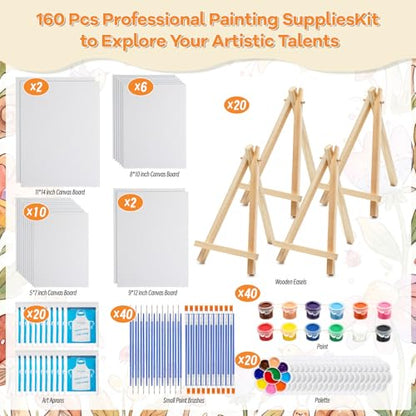 Engrowtic 160 Pcs 20 Set Paint and Sip Kit for Adult Include Blank Mini Canvas Boards Wooden Easels Painting Strips Brushes Palettes Disposable Aprons for Party Paint and Sip Date Night Kits