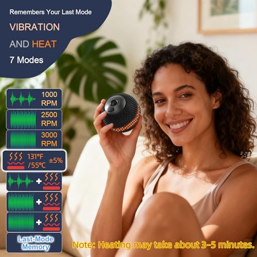 HODEMI Vibrating Massage Ball with Heat & Smart Memory, Deep Tissue Massage Ball for Sports Recovery, Muscle Relaxation & Myofascial Release, 7 Modes for Home & Gym Use (Black) - color: Black