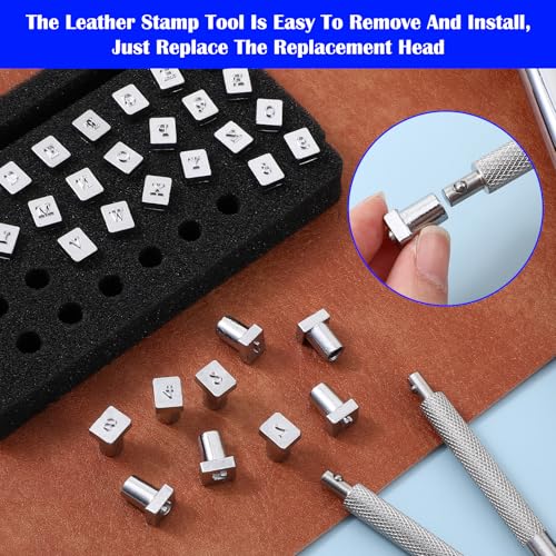 75 Pcs Leather Stamping Tools, Leather Carving Tools, Letters and Numbers Patterns, Leathers Carving Mallet, Leathercraft Stamping Tool Geometric for Leathers Working