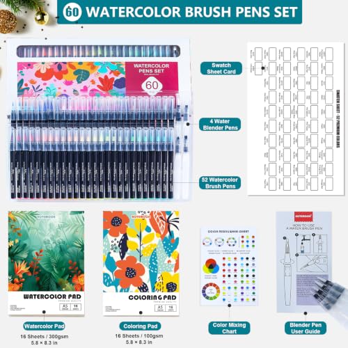60 PCS Watercolor Pens Set with 52 Vivid Colors, Real Brush Tip Markers | Art Supplies Gift Set with 52 Watercolor Brush Pens, 4 Blender Pens, Watercolor & Coloring Pad for Beginners Students Adults