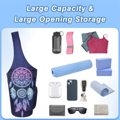 Yoga Mat Bag - Large Opening Long Tote Yoga Mat Carrier Holder Bag with Waterproof Wet Zipper Pocket and Drawstring Water Bottle Pocket - Yoga Bag Fit Most Size Mats - color: Dreamcatcher