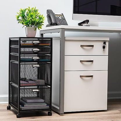 Mind Reader Vertical Office Storage Organizer with Mesh Drawers Label Holders and Optional Wheels, Metal Mesh, Black - size: 5-Drawers