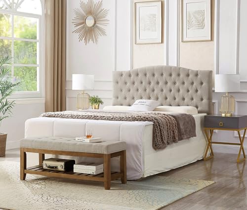 24KF Large Rectangular Upholstered Tufted Linen Fabric Ottoman Bench, Padded Bench with Solid Wood Shelf-Linen - color: Linen-bench, size: 16"D x 44"W x 18"H