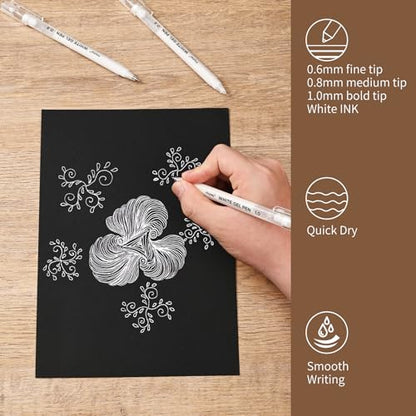 White Gel Pens,0.6/0.8/1mm Fine Point White Pens Set, 9 Pack | Opaque White Archival Ink Pen for Black Paper Drawing, Sketching, Illustration, Bullet Journaling - color: White, size: 0.6/0.8/1.0 mm