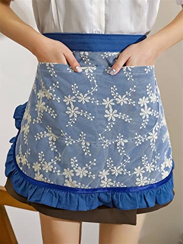 Unisex Chef Aprons White Retro Cotton Maid Short 2 Pockets Waist Waiter Waitress Half Apron - color: Blue-embroidered