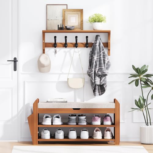 PETKABOO 31.5" Bamboo Shoe Rack Bench with Coat Rack, 3-Tier Entryway Bench with Thick Cushion, Flip-Top & Side Baskets, Holds Up to 550 LBS for Hallway, Living Room, Bedroom - color: 31.5" with Hook
