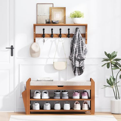 PETKABOO 31.5" Bamboo Shoe Rack Bench with Coat Rack, 3-Tier Entryway Bench with Thick Cushion, Flip-Top & Side Baskets, Holds Up to 550 LBS for Hallway, Living Room, Bedroom - color: 31.5" with Hook