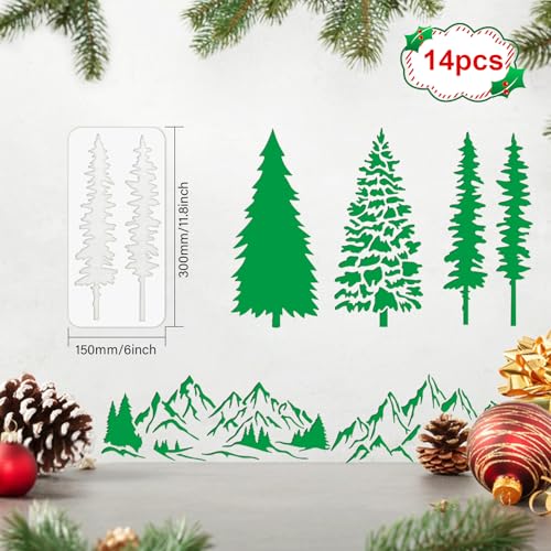 ORIGACH 14 Pcs Large Pine Tree Stencils for Painting, 11.8x6inch | Reusable Tree Painting Stencils for Fabric Canvas Window Furniture Home Decor - style: Pine Tree