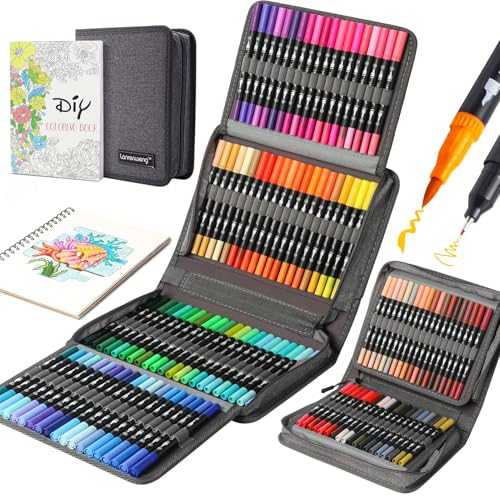nobrand 120 Colors Duo Tip Brush Markers Art Pen Set,LANRENWENG Fine Brush Tip Colored Pens Set with Canvas Bag,Markers for Adult Coloring Books Drawing Sketching Note taking Lettering Calligraphy